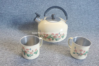 Chine Bouilloire de thé siffleuse en acier adaptée aux besoins du client par revêtement jaune de bouilloire siffleuse en métal de décalque pour des cuiseurs d'induction de gaz fournisseur